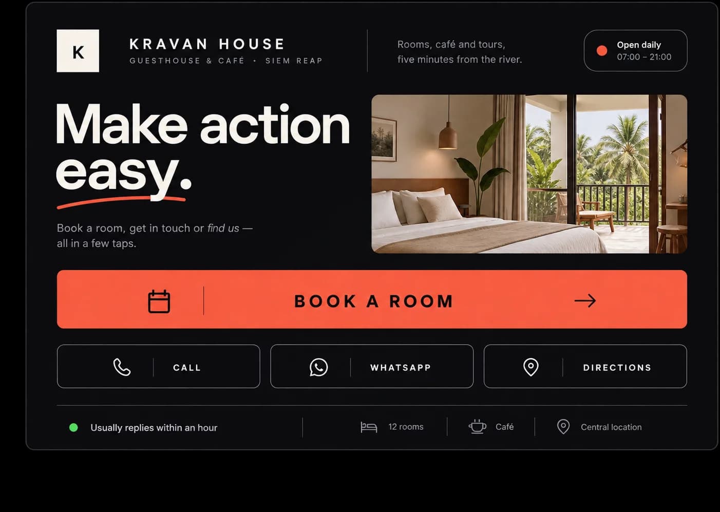 A website section headlined Make action easy, with a primary booking button and call, WhatsApp and directions buttons