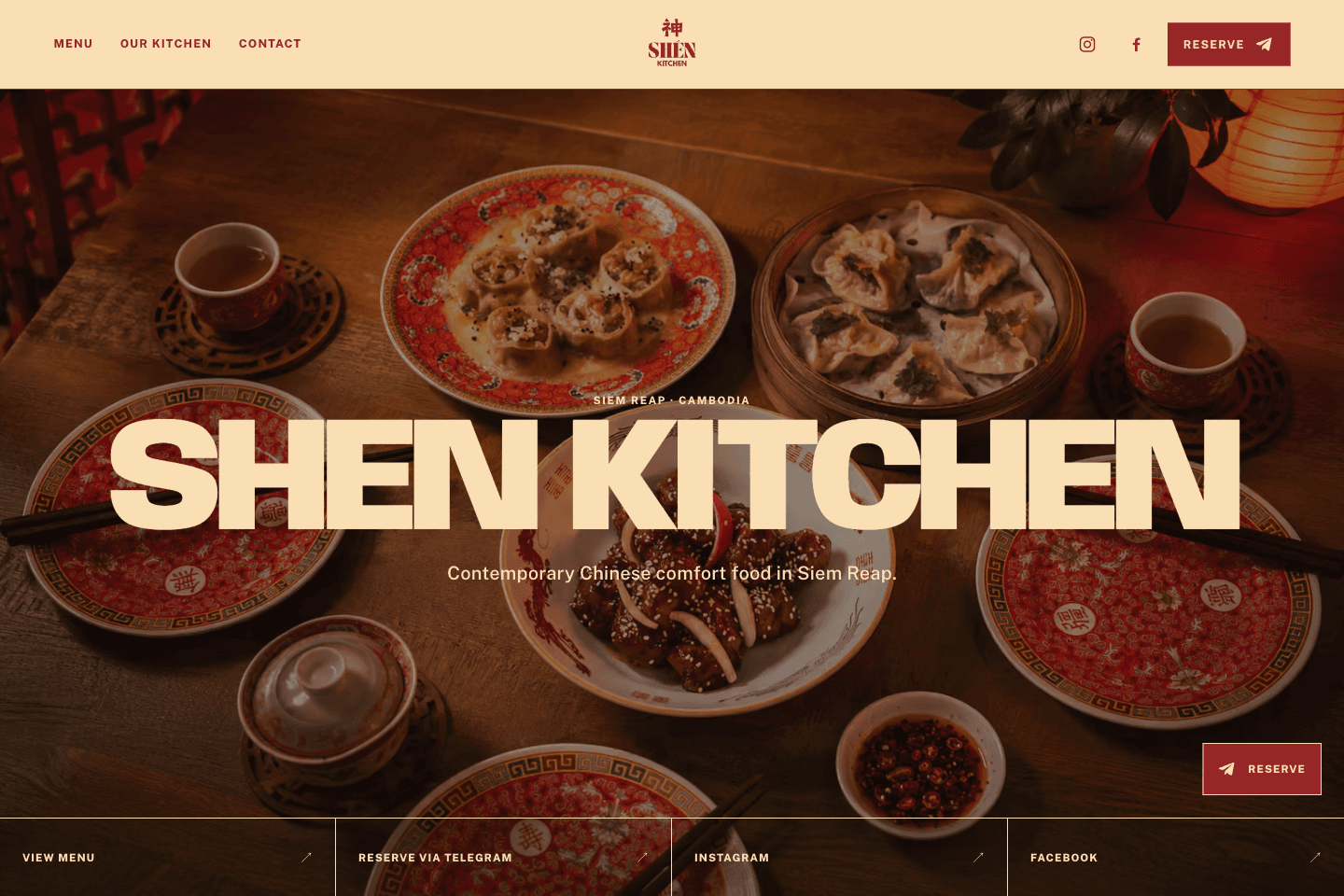 Shen Kitchen homepage hero showing a table of Chinese dishes in Siem Reap